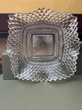 Vintage Pressed Glass Diamond Pattern Candy dish/square scalloped serving bowl